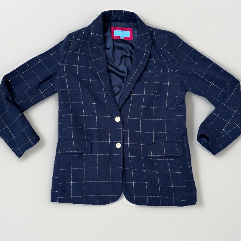 Draper James RSVP Blazer Tweed Wool Navy Blue Plaid Preppy Office Size Large EUC